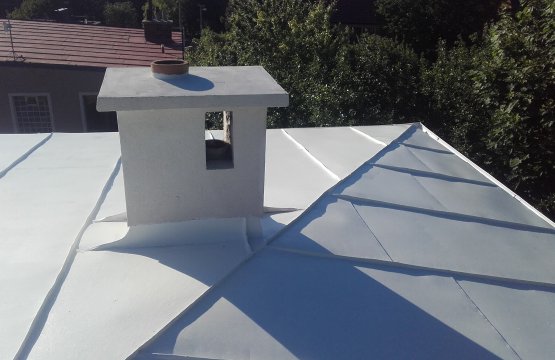Renovace nátěru plechové střechy a oprava komínů.